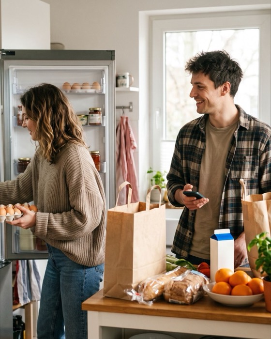 A couple putting groceries away in their kitchen