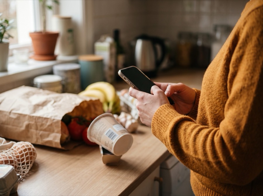 Scanning a barcode while unpacking groceries