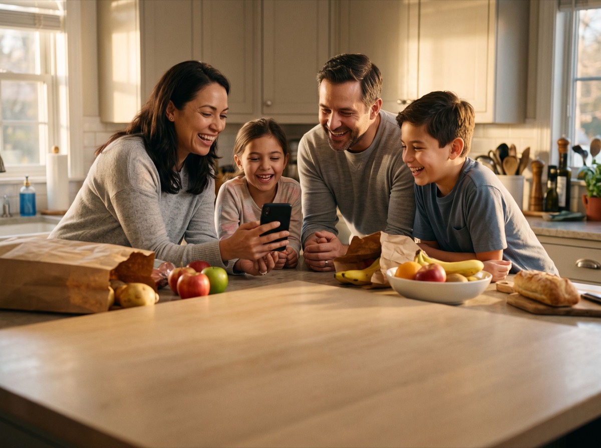 A family looking at the shared pantry together