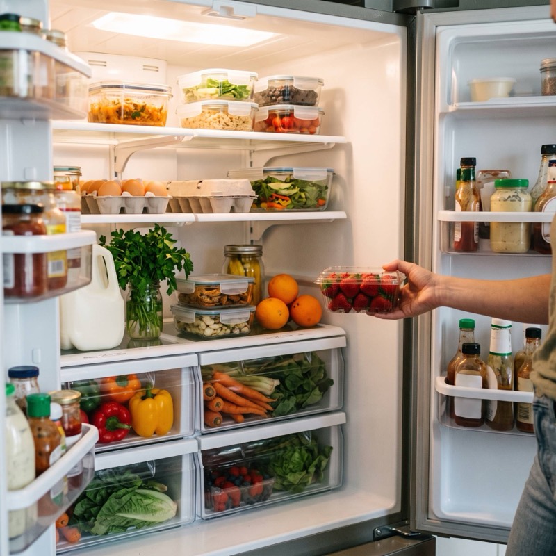 An organized fridge with fresh food