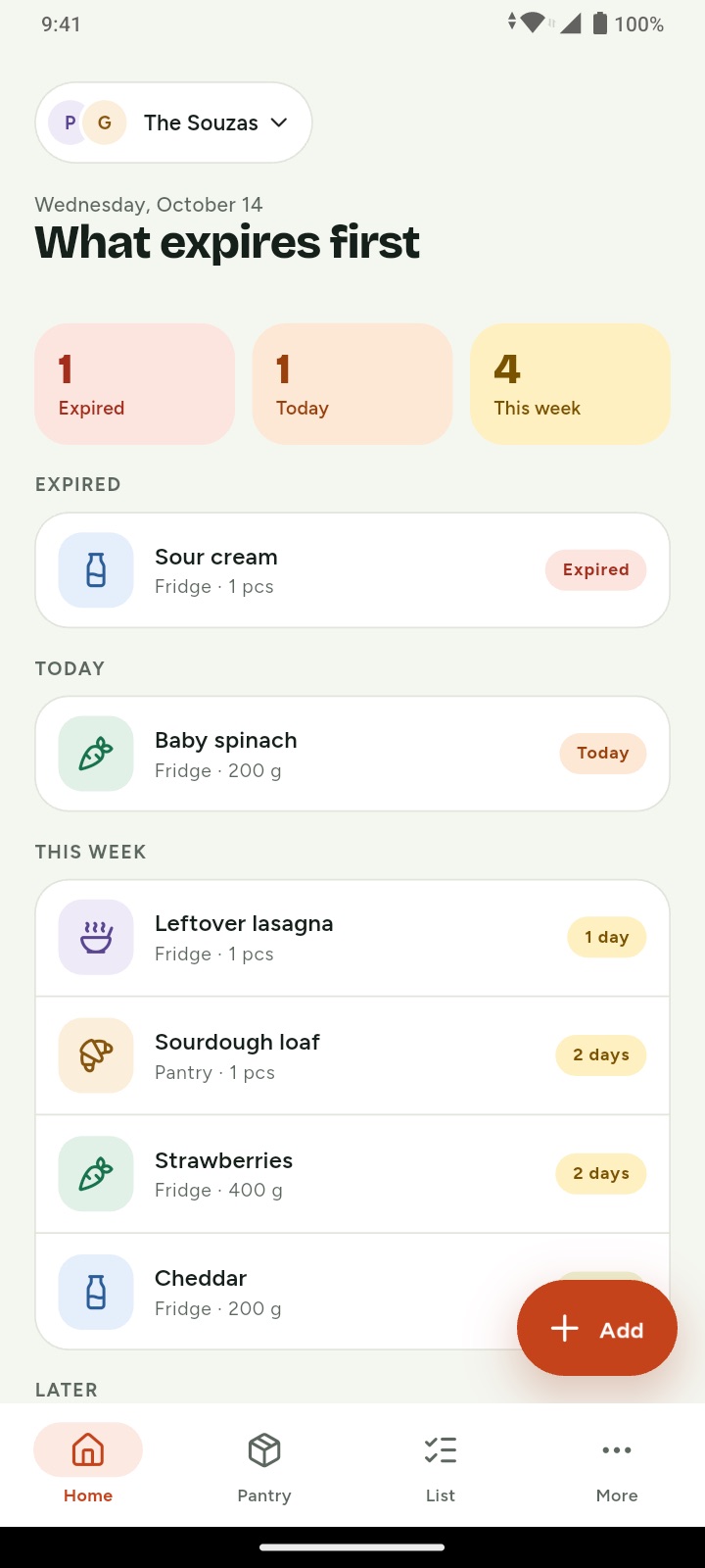 Pantrinho's Home: what expires first, with expired, today and this week counts
